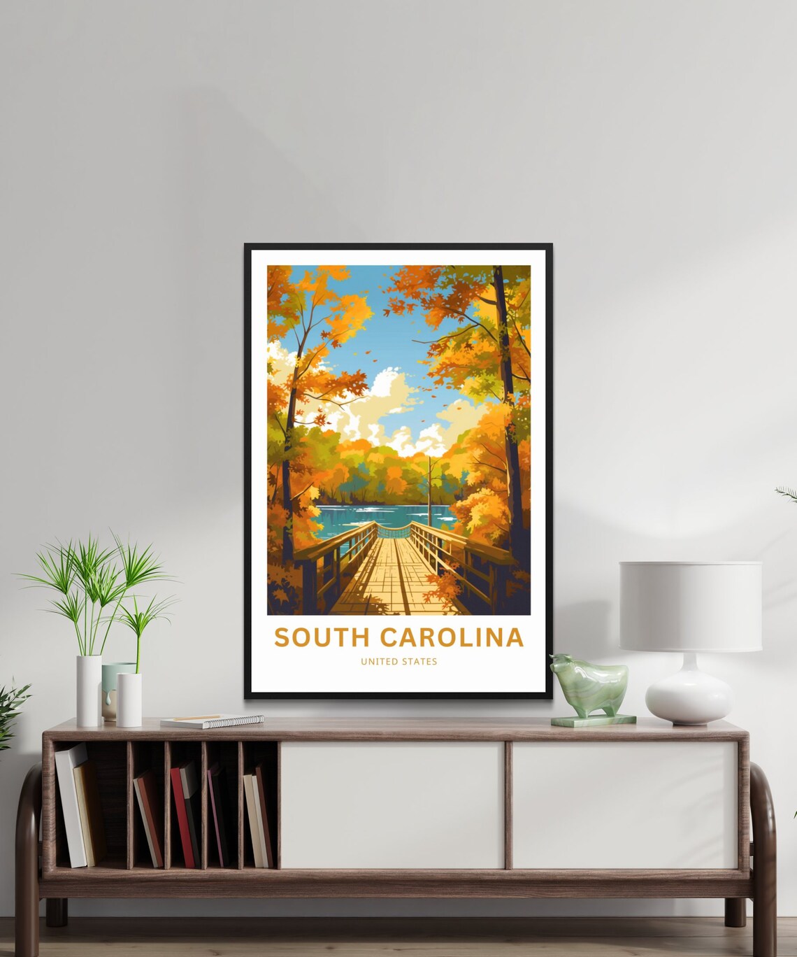 South Carolina United States Autumn Boardwalk Lake Travel Poster - Image 2
