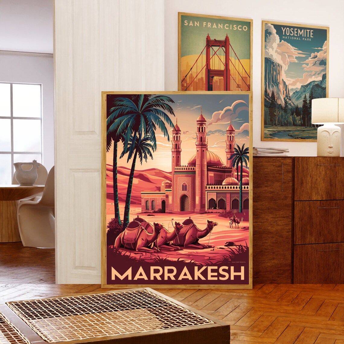 Marrakesh Morocco Mosque Minarets Camels Sunset Travel Poster - Image 5