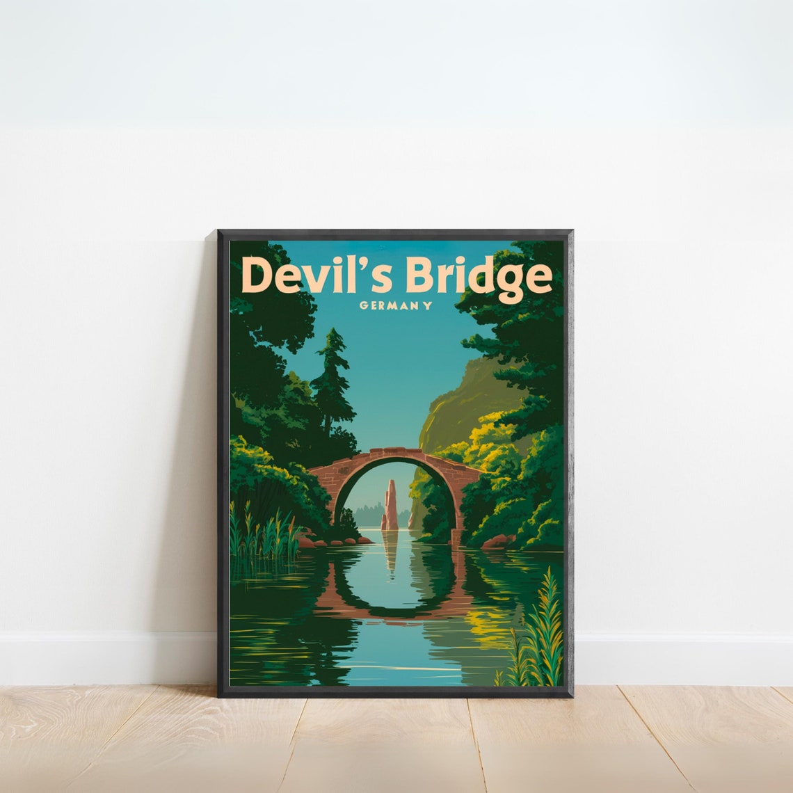 Devils Bridge Germany Arch Reflection Rock Spire Vintage Poster