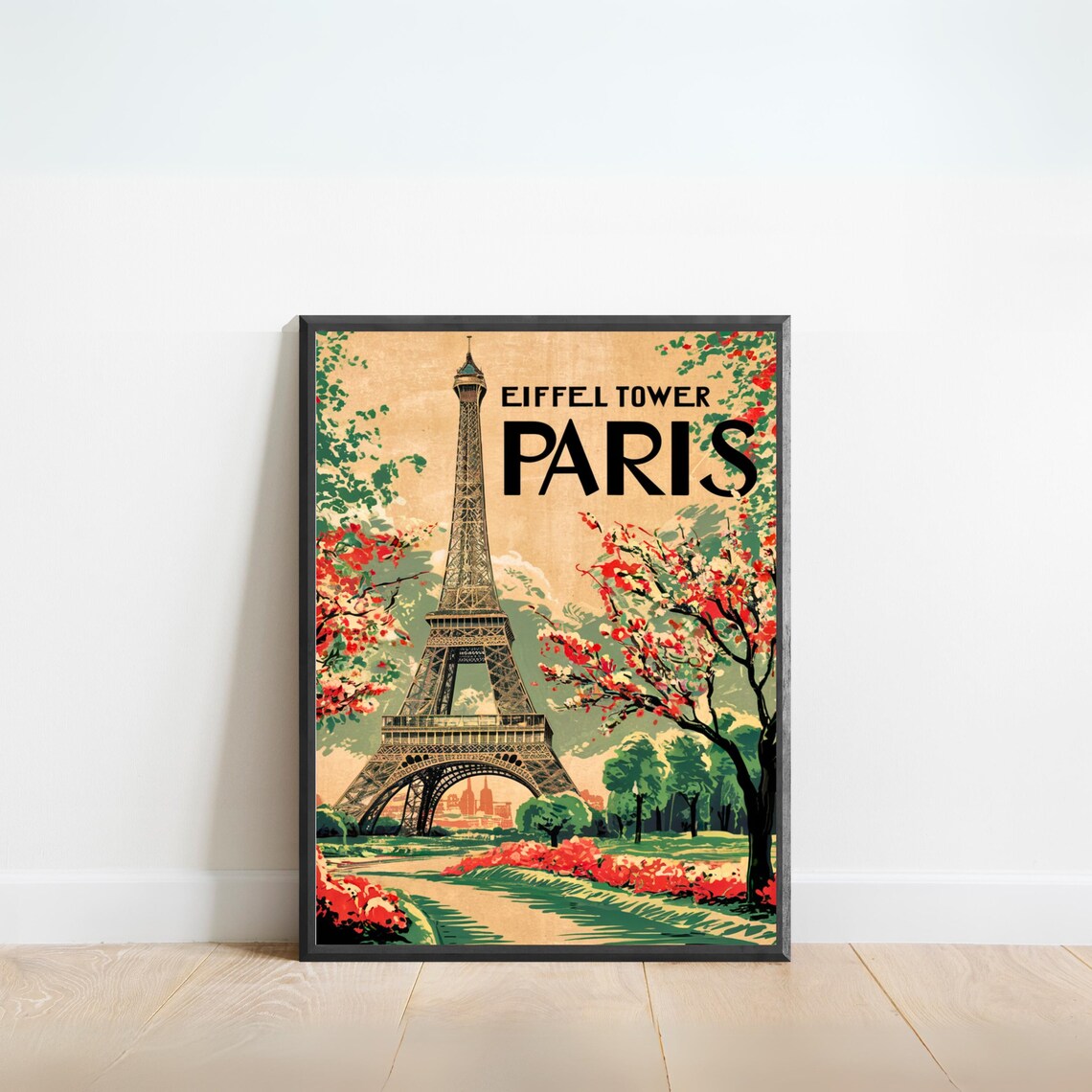 Eiffel Tower Paris Vintage Cherry Blossom Retro Travel Poster