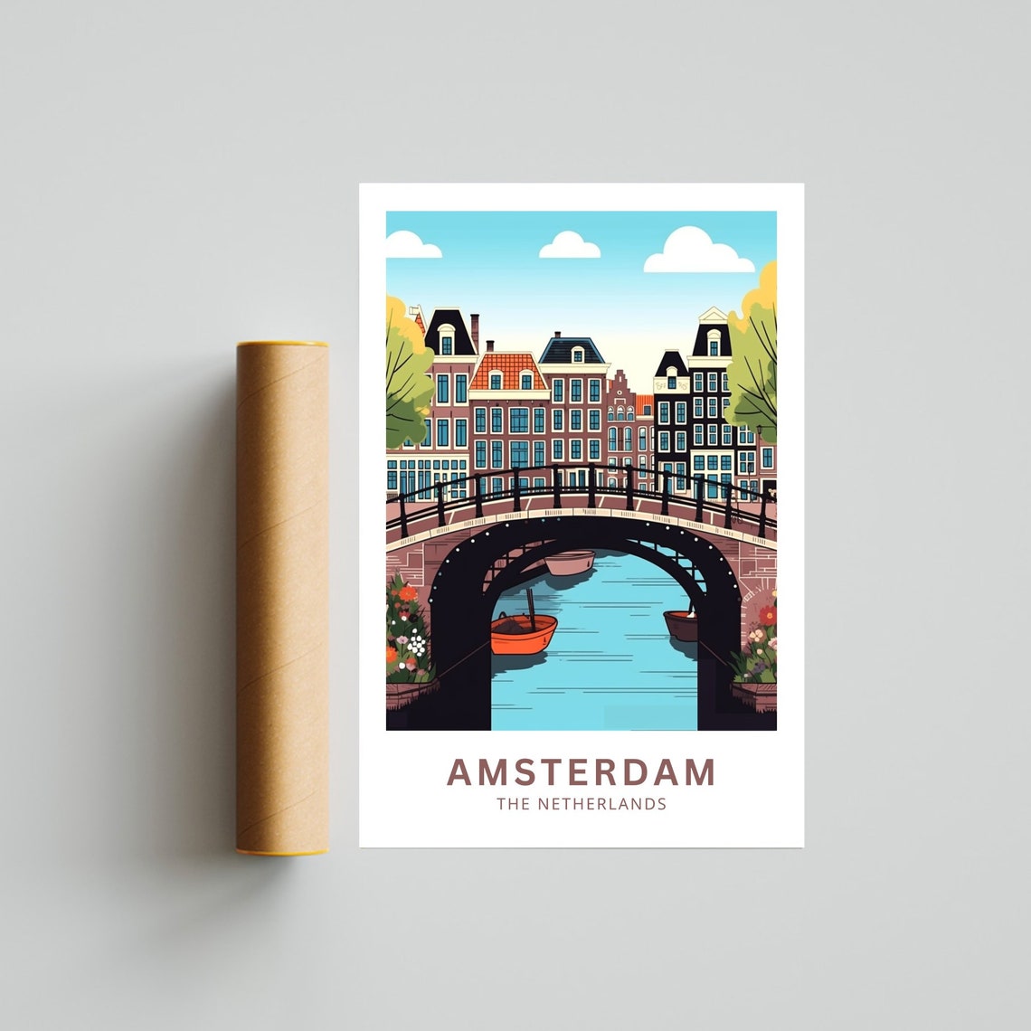 Amsterdam Netherlands Canal Bridge Row Houses and Boat Poster - Image 4