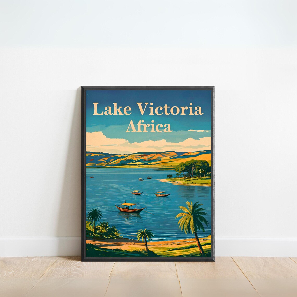Lake Victoria Africa Fishing Boats Palms Lake Scene Travel Poster