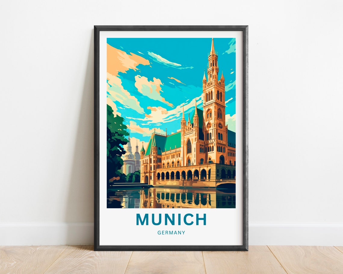 Munich Germany Gothic City Hall Water Reflection Scenic Poster