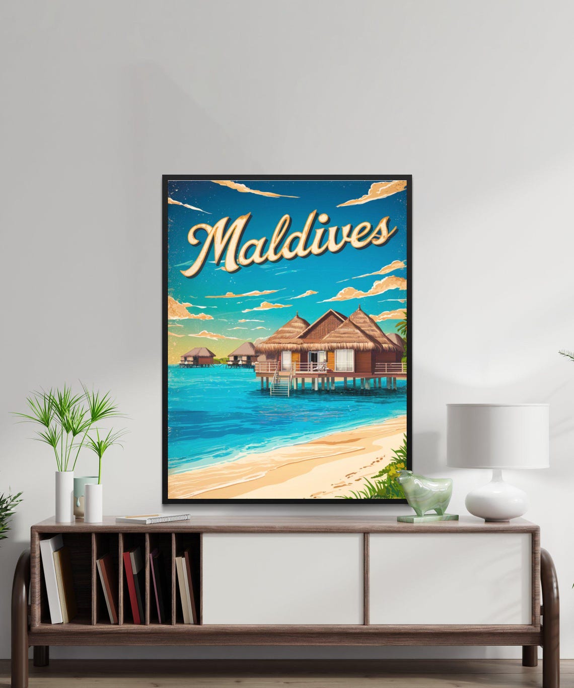 Maldives Vintage Overwater Bungalows Retro Beach Travel Poster - Image 2