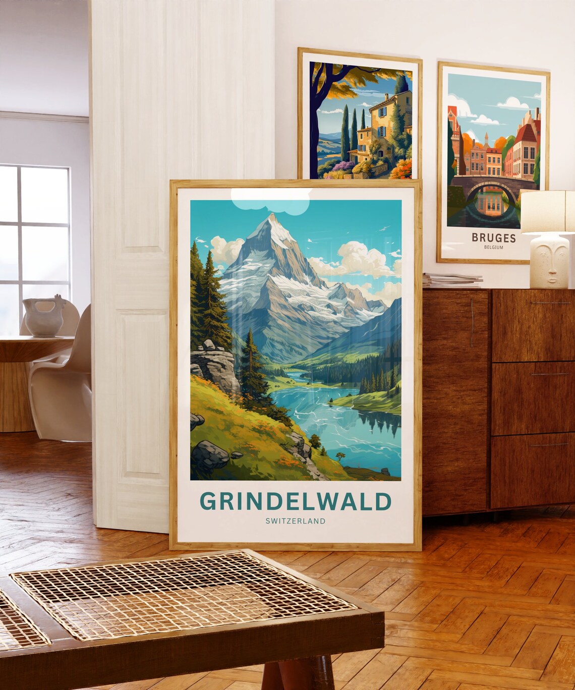 Grindelwald Switzerland Snow Peak Alpine Lake Meadow View Poster - Image 5