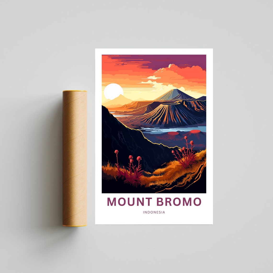 Mount Bromo Indonesia Sunset Volcano and Wildflowers Art Poster - Image 4