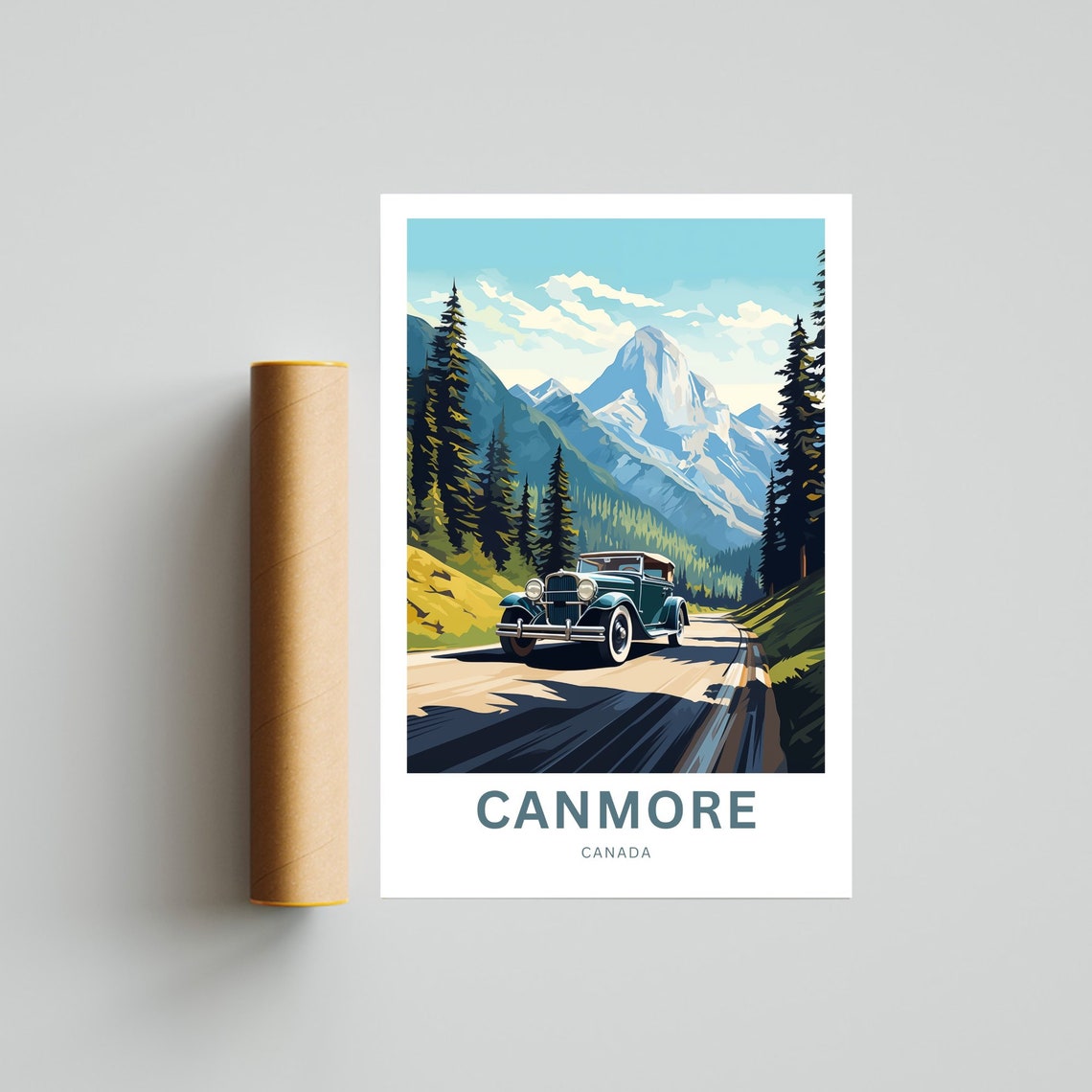Canmore Canada Vintage Car Mountain Road Pine Forest Travel Poster - Image 4