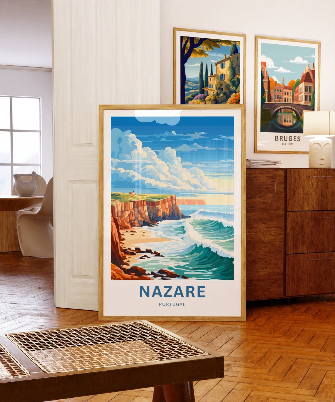 Nazare Portugal Red Cliffs Turquoise Wave Coast Scene Poster - Image 5