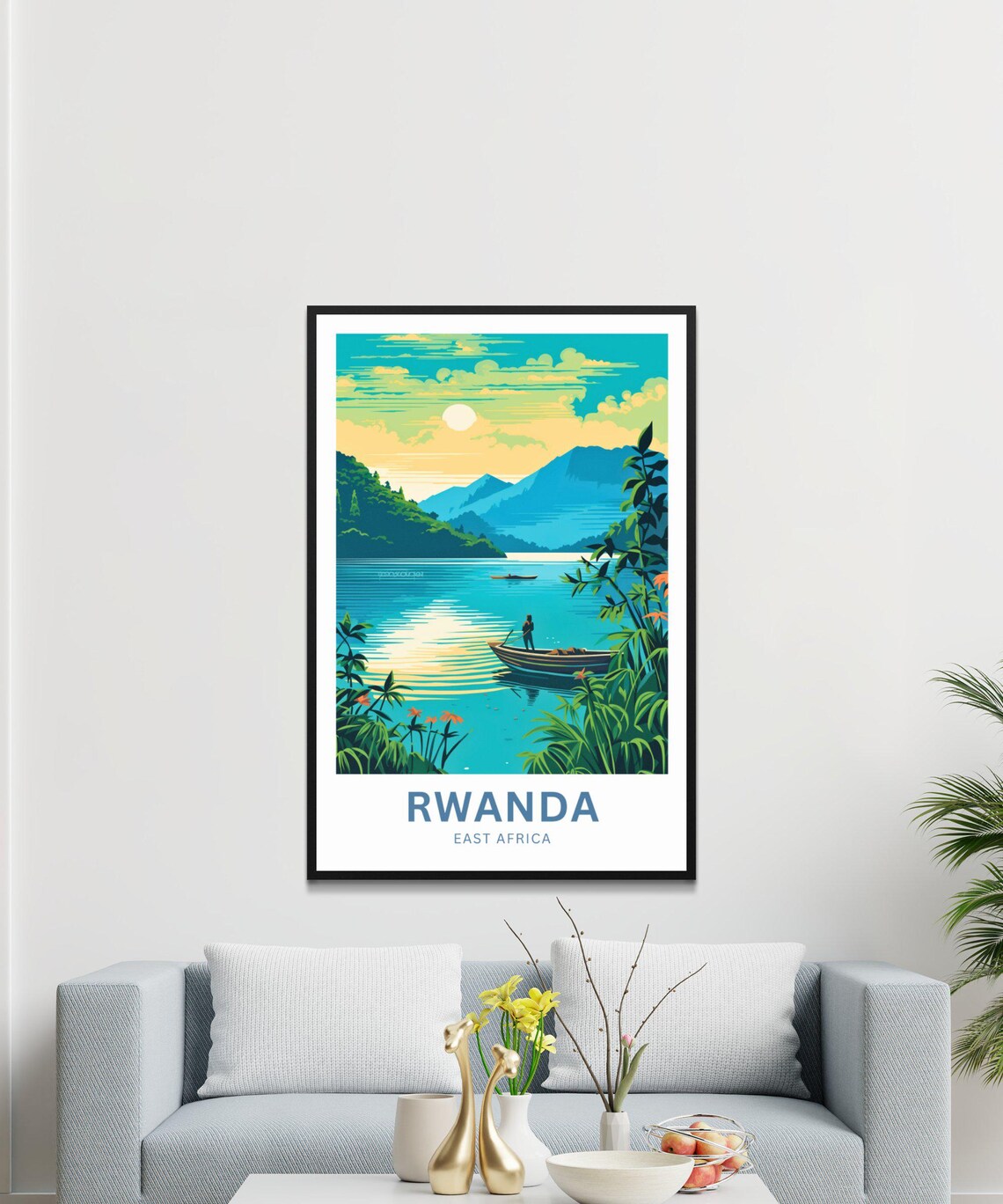Rwanda East Africa Modern Lake Poster Fisherman Canoe Sunrise Hills - Image 3