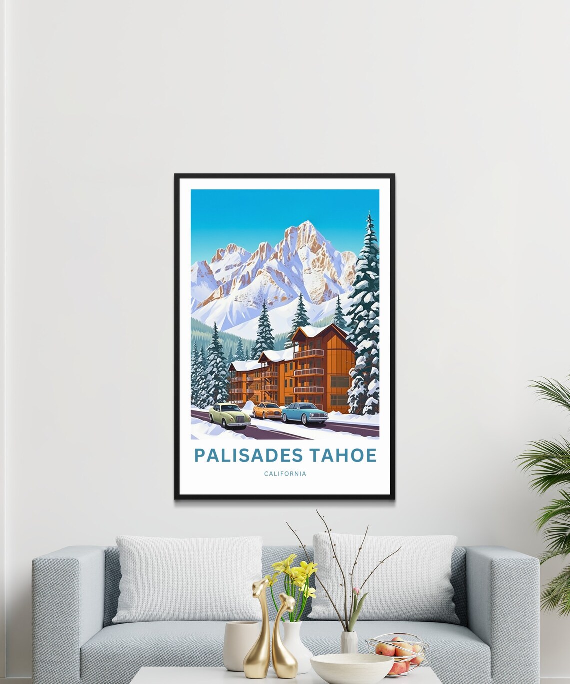 Palisades Tahoe Snowy Mountain Lodge Classic Cars Ski Poster - Image 3