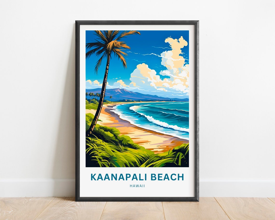 Kaanapali Beach Hawaii Palm Tree Ocean Waves Sunset Travel Poster