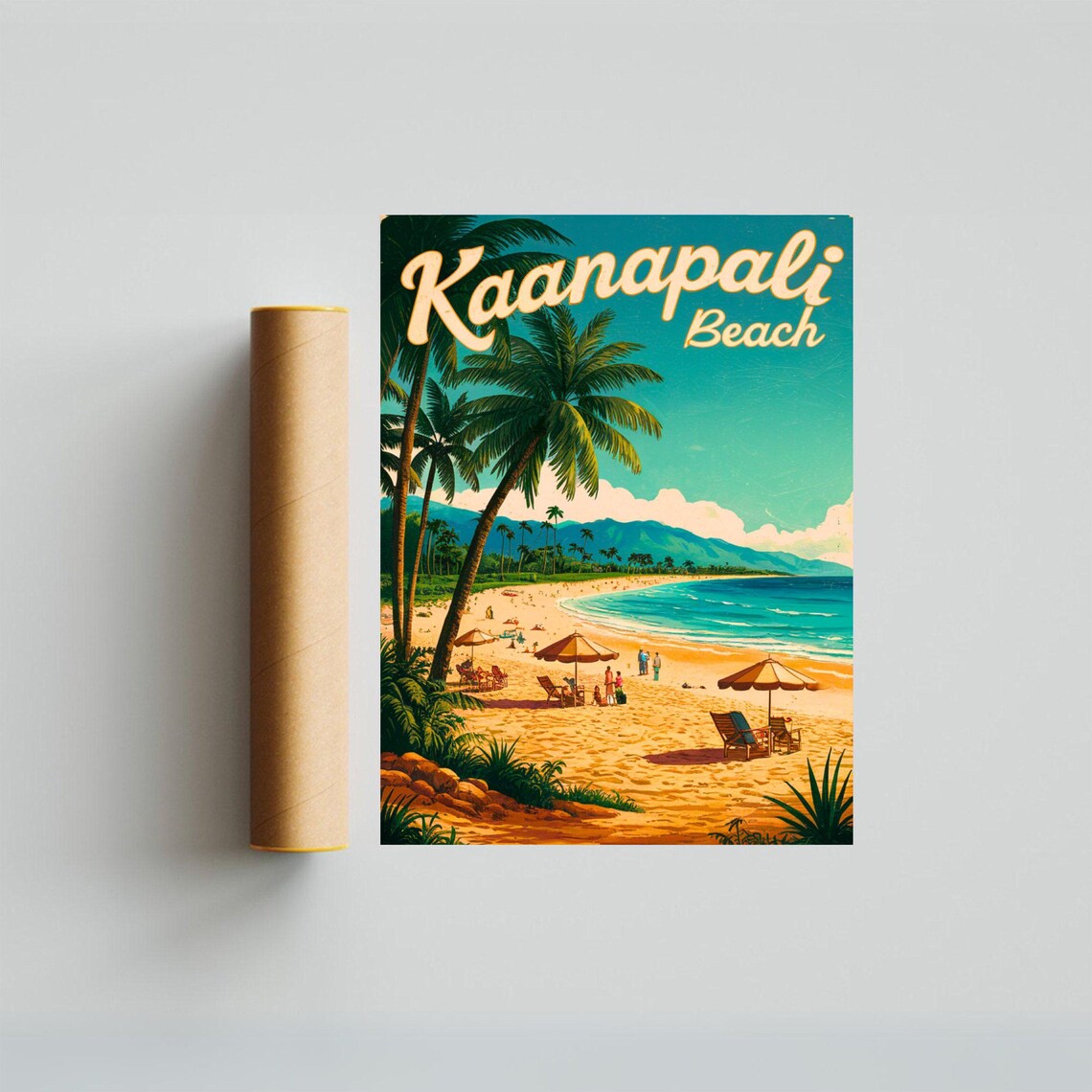 Kaanapali Beach Hawaii Palm Shore Umbrellas Vintage Travel Poster - Image 4