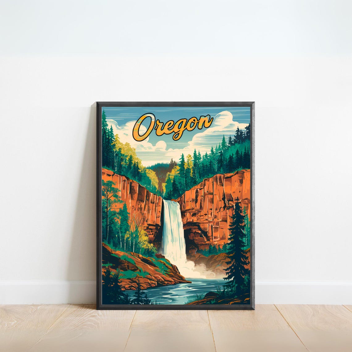 Oregon Waterfall Canyon Red Rock Vintage Retro Travel Poster