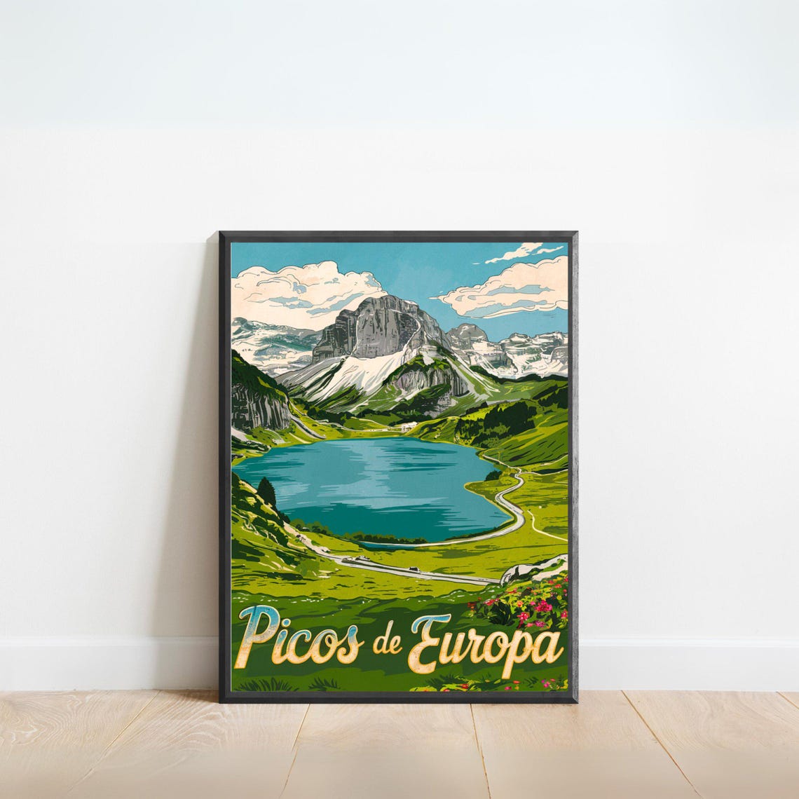 Picos de Europa Spain Retro Alpine Lake Poster With Grazing Cows
