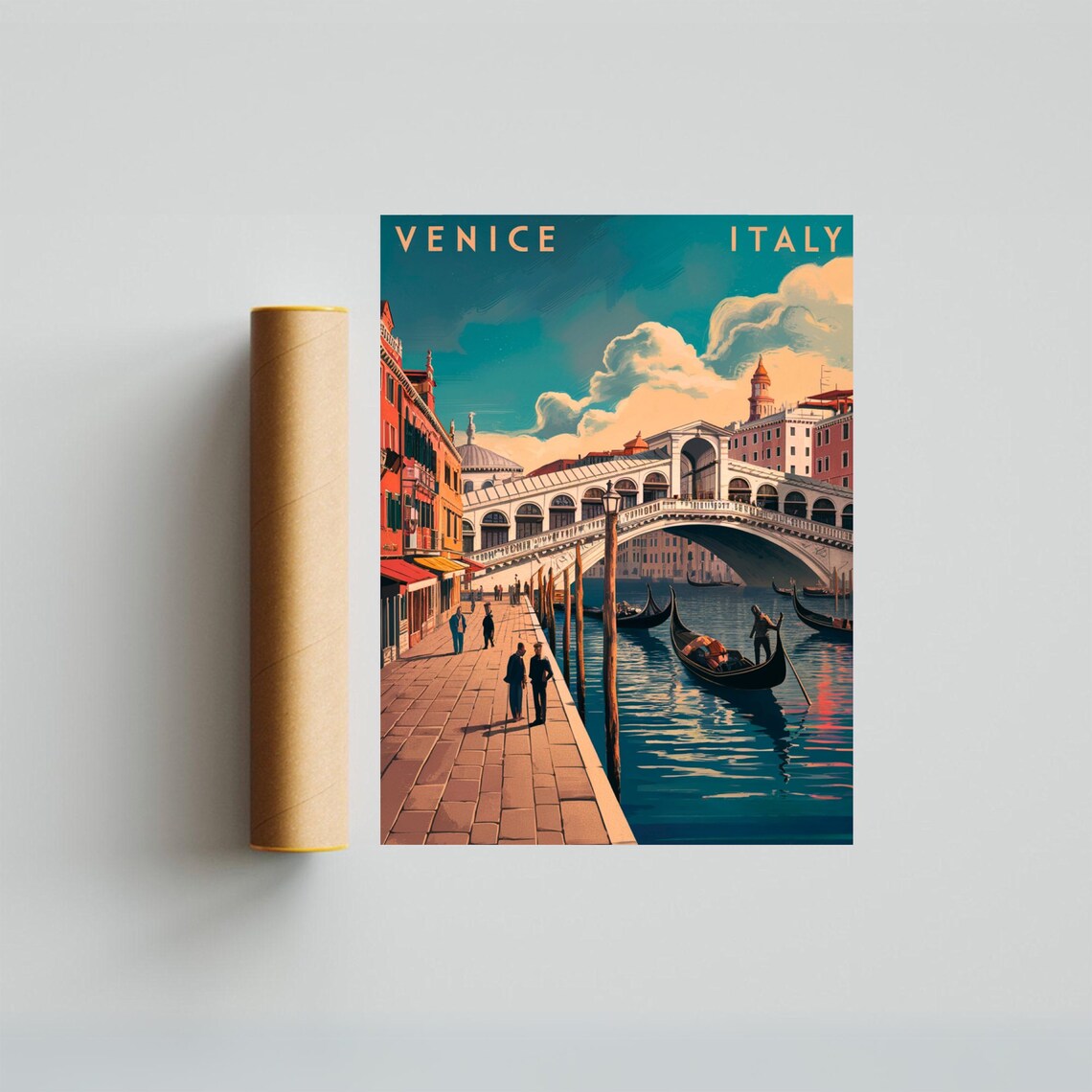 Venice Italy Rialto Bridge Gondolas Waterfront Promenade Travel Poster - Image 3