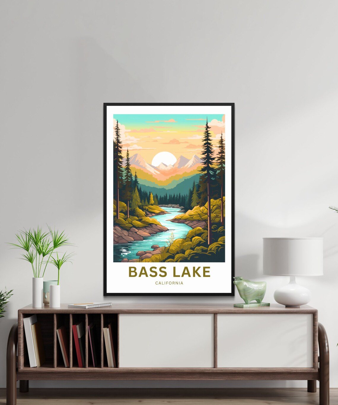 Bass Lake California Golden Mountain Sunset River Travel Poster - Image 2