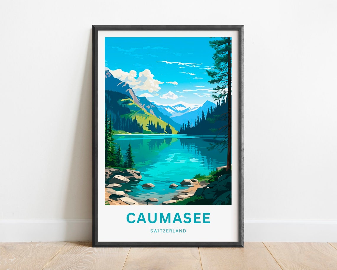 Caumasee Switzerland Turquoise Alpine Lake Pine Forest Travel Poster