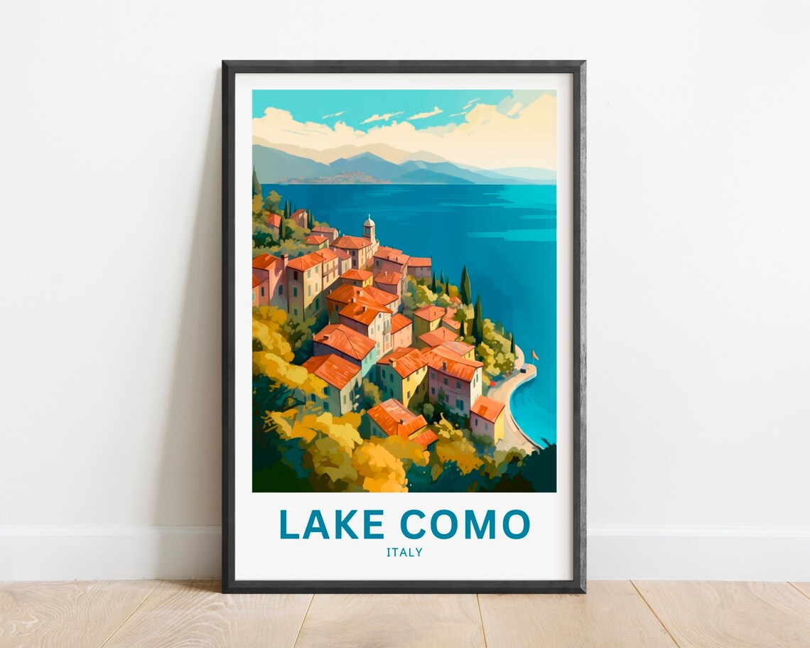Lake Como Italy Lakeside Village Colorful Rooftops Travel Poster