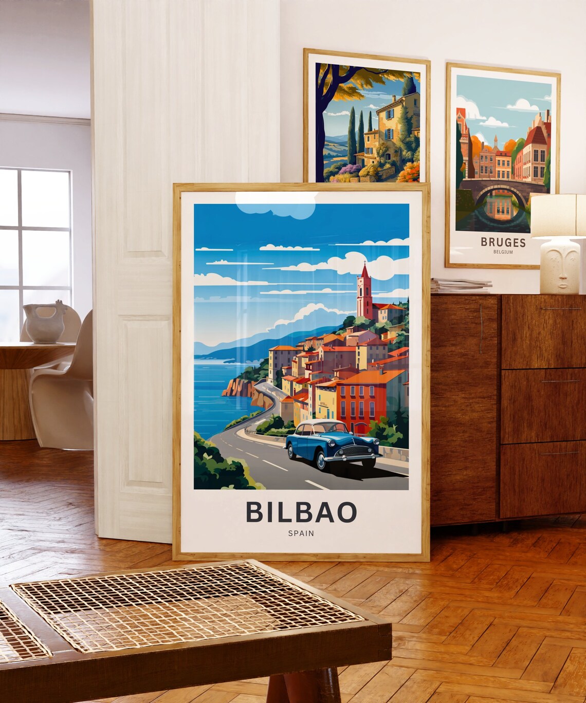 Bilbao Spain Coastal Town Vintage Car Cliffside Drive Poster - Image 5