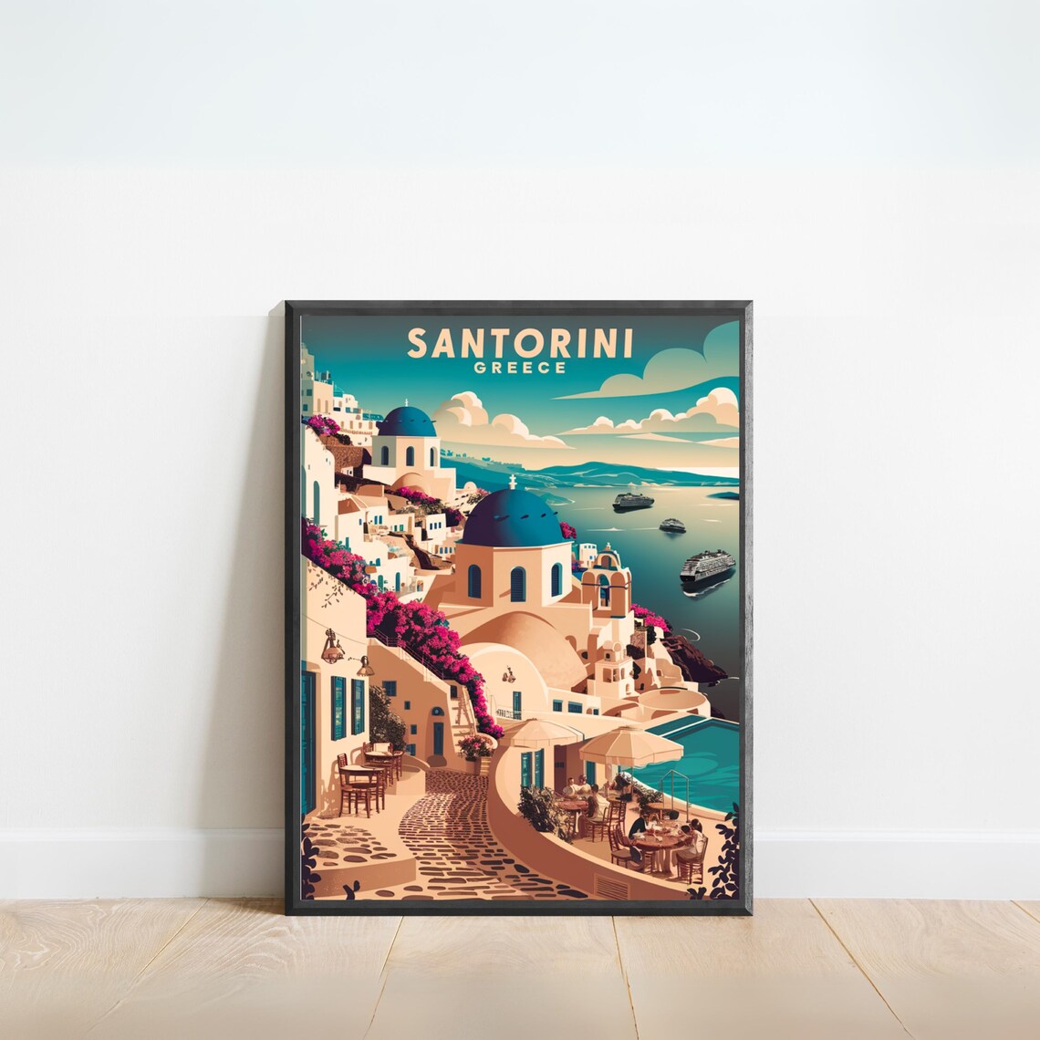 Santorini Greece Vintage Blue Domes Aegean Village Scenic Poster