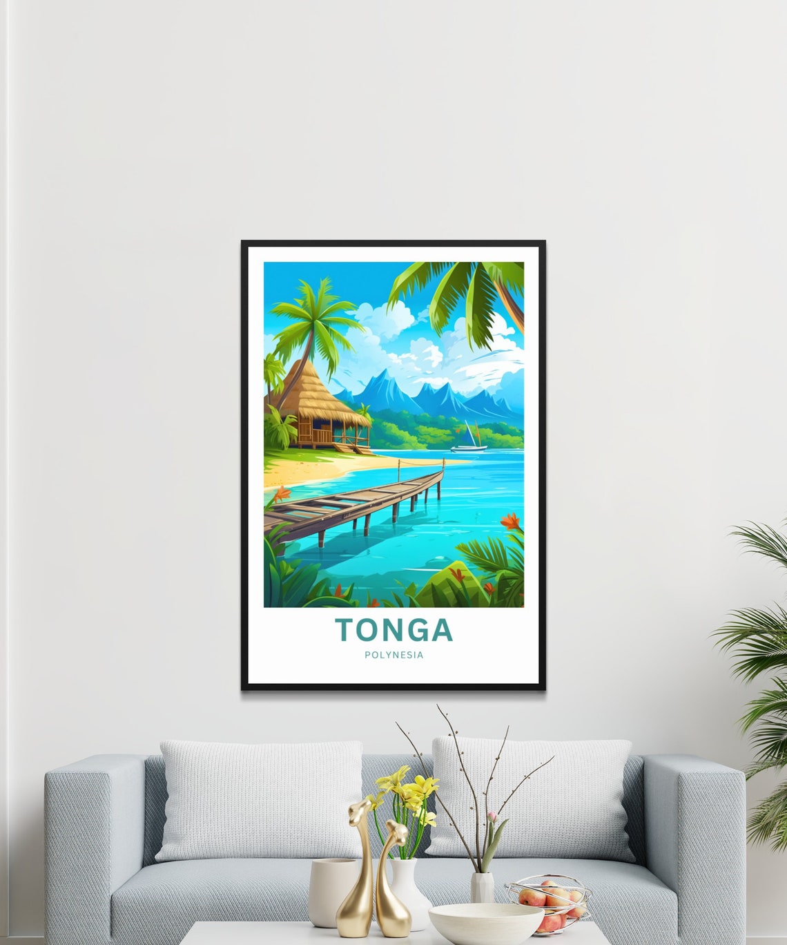 Tonga Polynesia Beach Hut Pier Sailboat Lagoon Travel Poster - Image 4