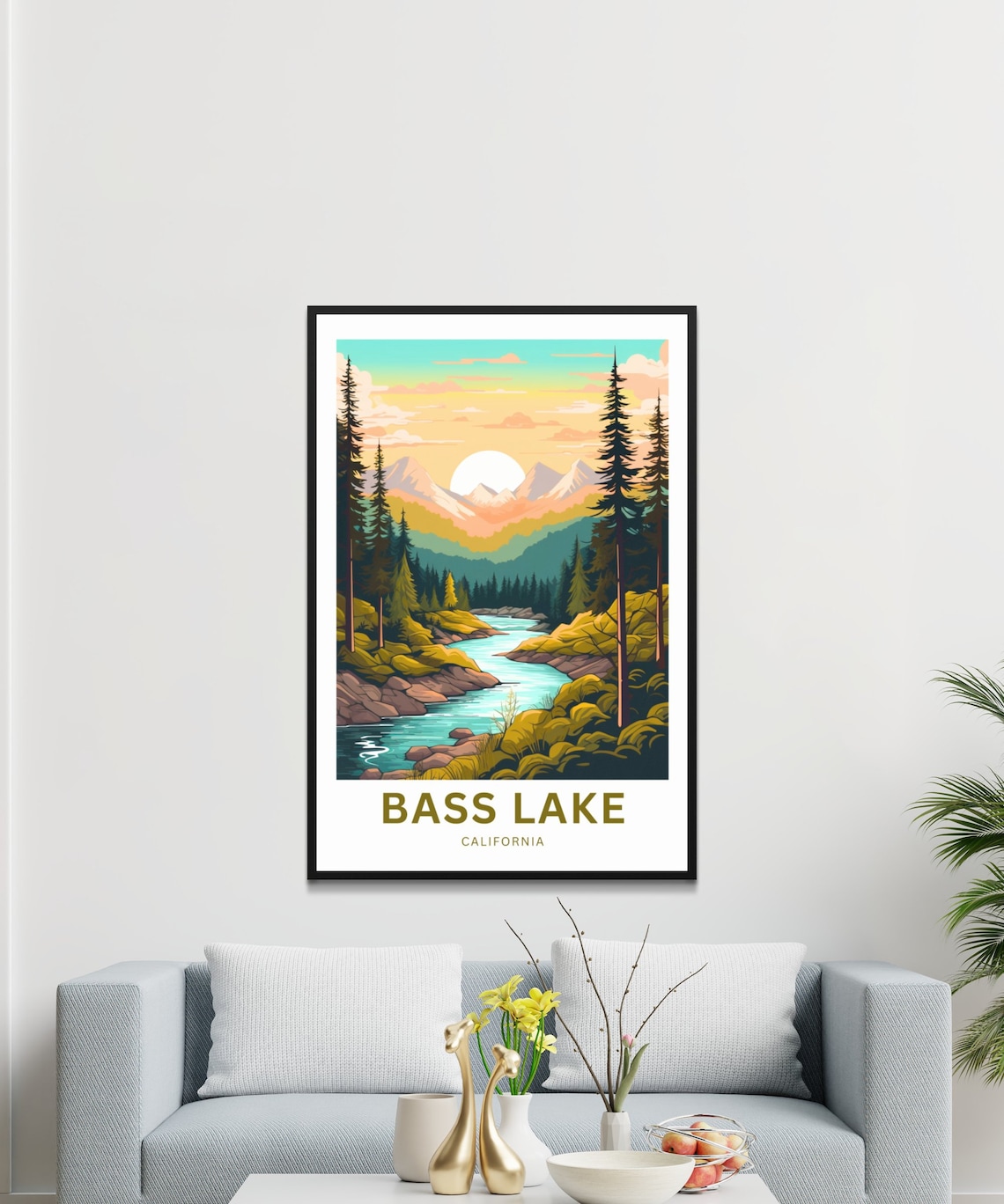 Bass Lake California Golden Mountain Sunset River Travel Poster - Image 3