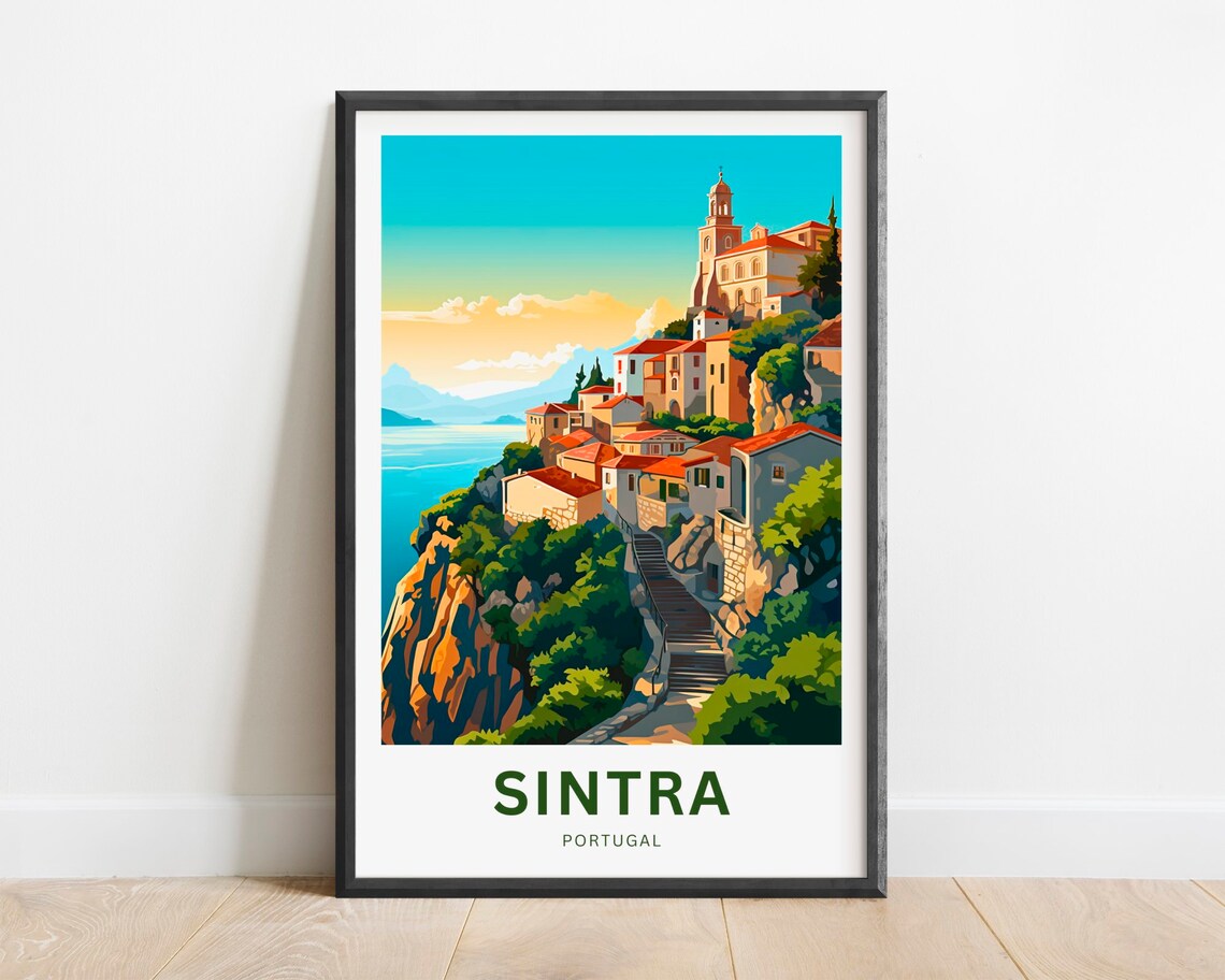 Sintra Portugal Coastal Village Stairs Ocean View Sunset Travel Poster