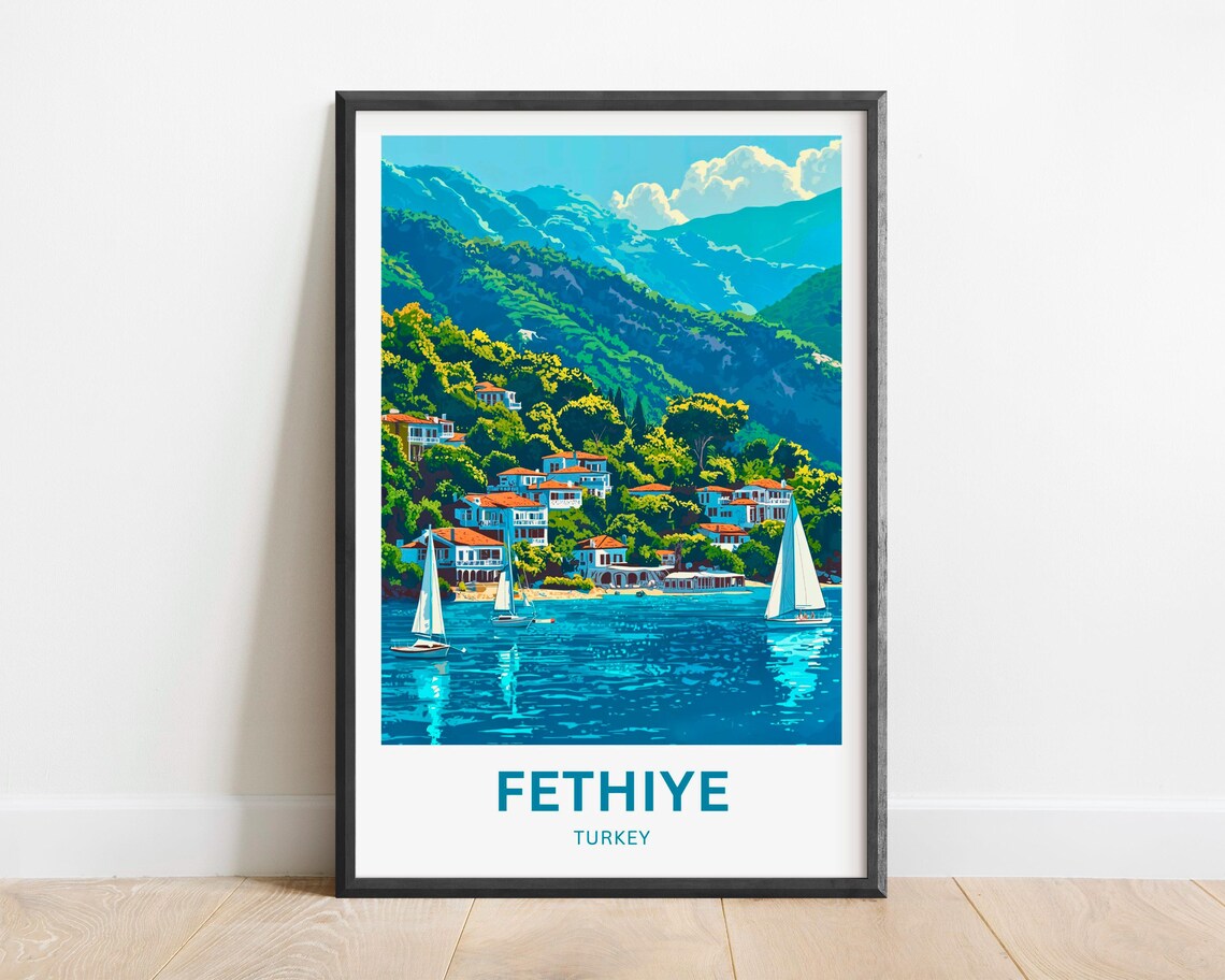 Fethiye Turkey Coastal Town Sailboats Mountains Travel Poster