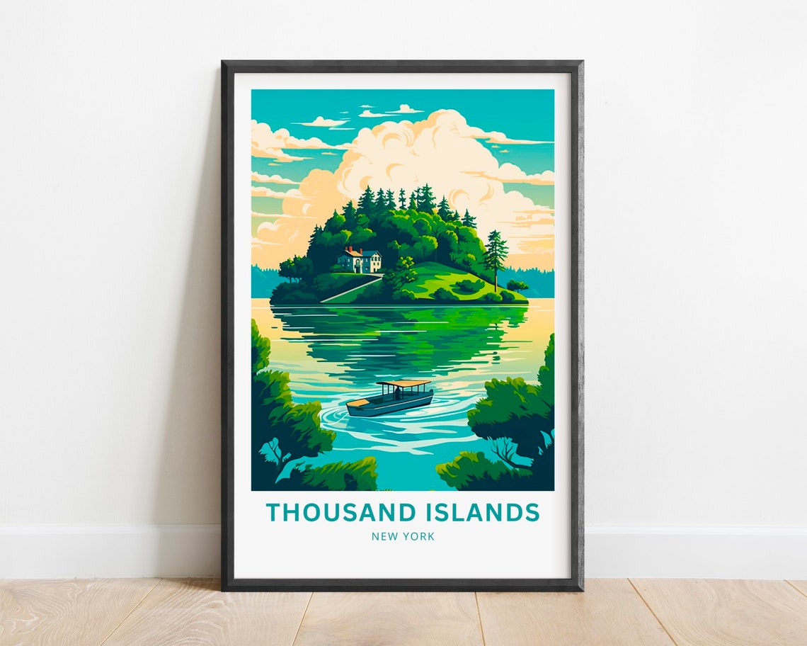 Thousand Islands New York Green Island Cottage Boat Travel Poster