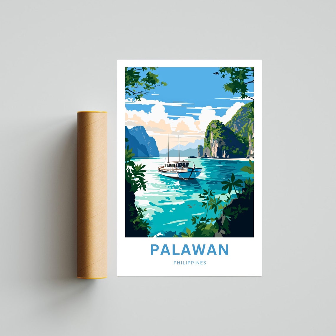 Palawan Philippines Travel Poster Boat Anchored Turquoise Lagoon Art - Image 4