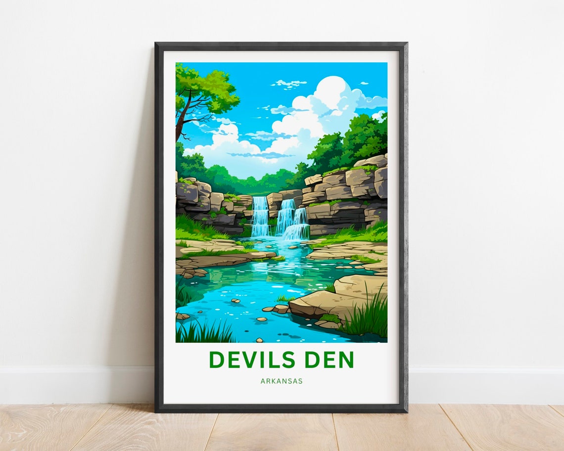Devils Den Arkansas Triple Cascades Travel Illustration Poster
