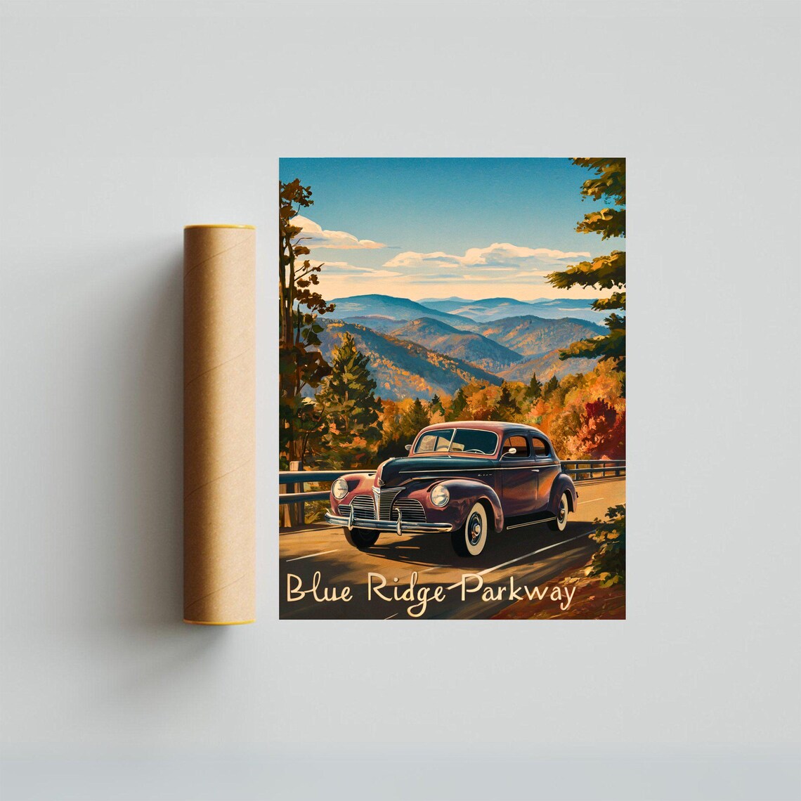 Blue Ridge Parkway Golden Vintage Classic Car Scenic Travel Poster - Image 4