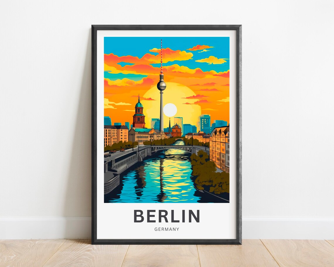 Berlin Germany TV Tower Sunset Skyline Over River Travel Poster