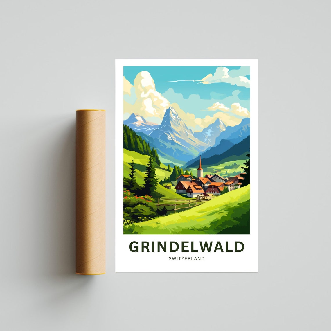 Grindelwald Switzerland Alpine Village Church Spire Peaks Poster - Image 4