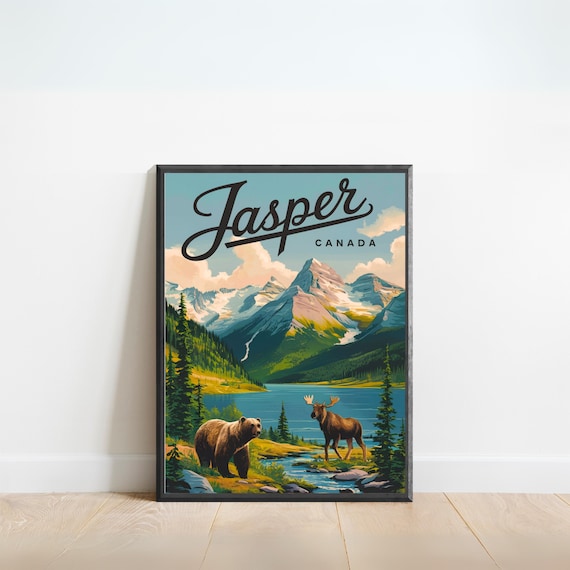 Jasper Canada National Park Bear Moose Lake Vintage Travel Poster