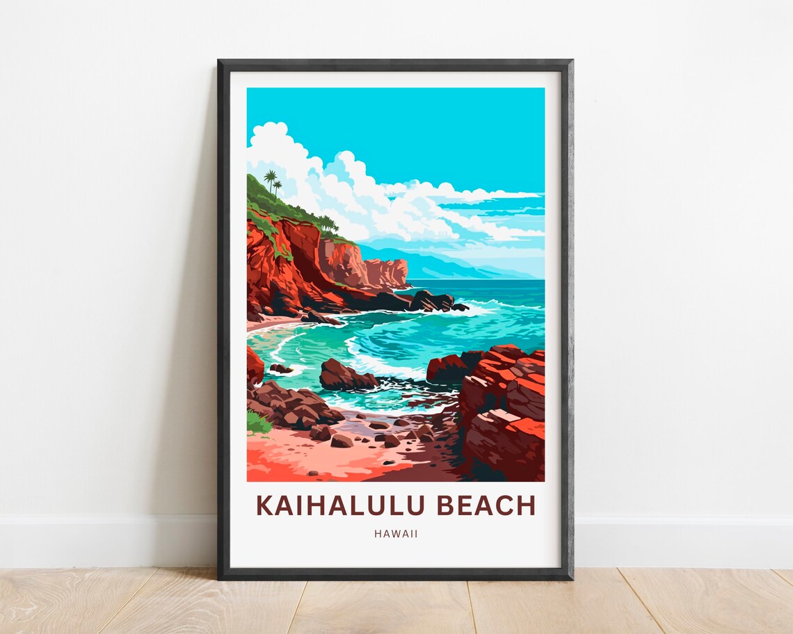 Kaihalulu Beach Hawaii Rocky Red Shoreline Surf Scene Travel Poster