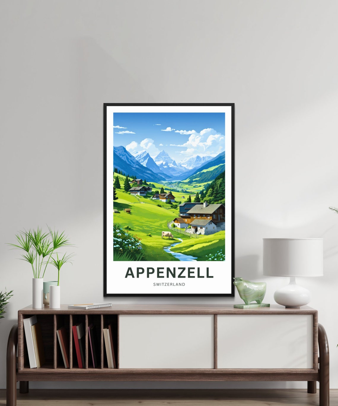 Appenzell Switzerland Alpine Chalets Cow Snowy Peaks Travel Poster - Image 2