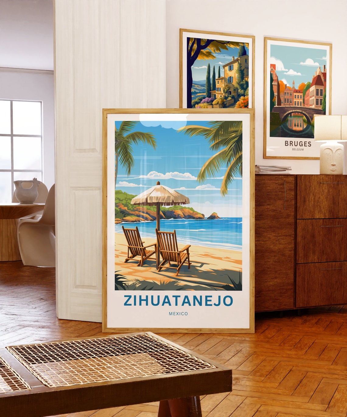 Zihuatanejo Mexico Beach Chairs Umbrella Palm Relaxing Day Poster - Image 5