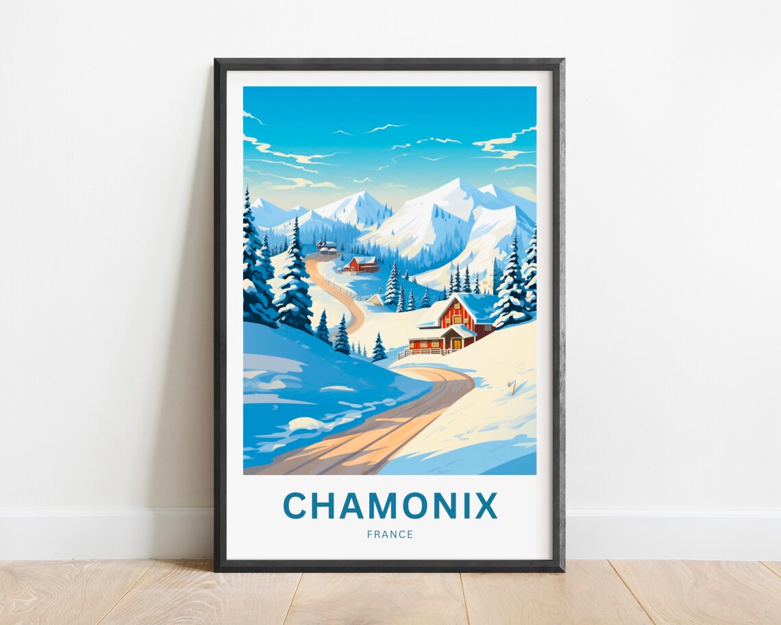 Chamonix France Snowy Alpine Valley Red Cabins Road Travel Poster