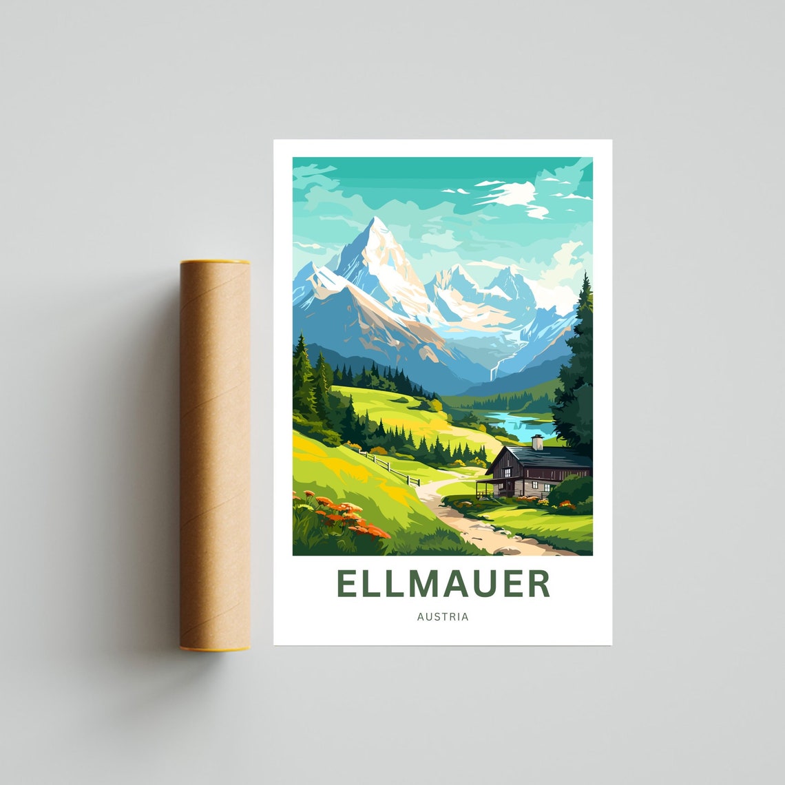 Personalized Ellmauer Austria Snowy Alpine Cabin Meadow Poster - Image 4