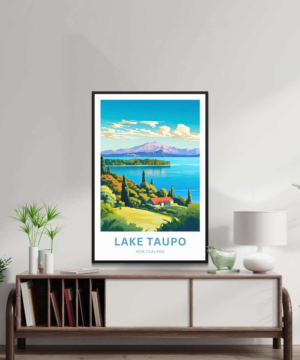 Lake Taupo New Zealand Emerald Mountain and Cottage Scene Poster - Image 2
