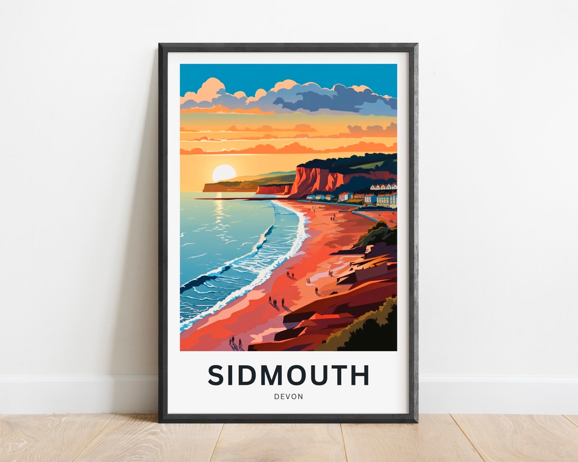 Sidmouth Devon Sunset Over Red Cliffs and Golden Beach Poster