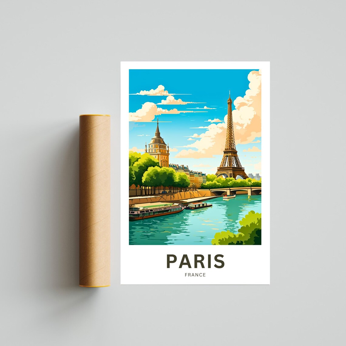 Paris France Eiffel Tower Riverbank Boats Bridge Scenic Travel Poster - Image 3