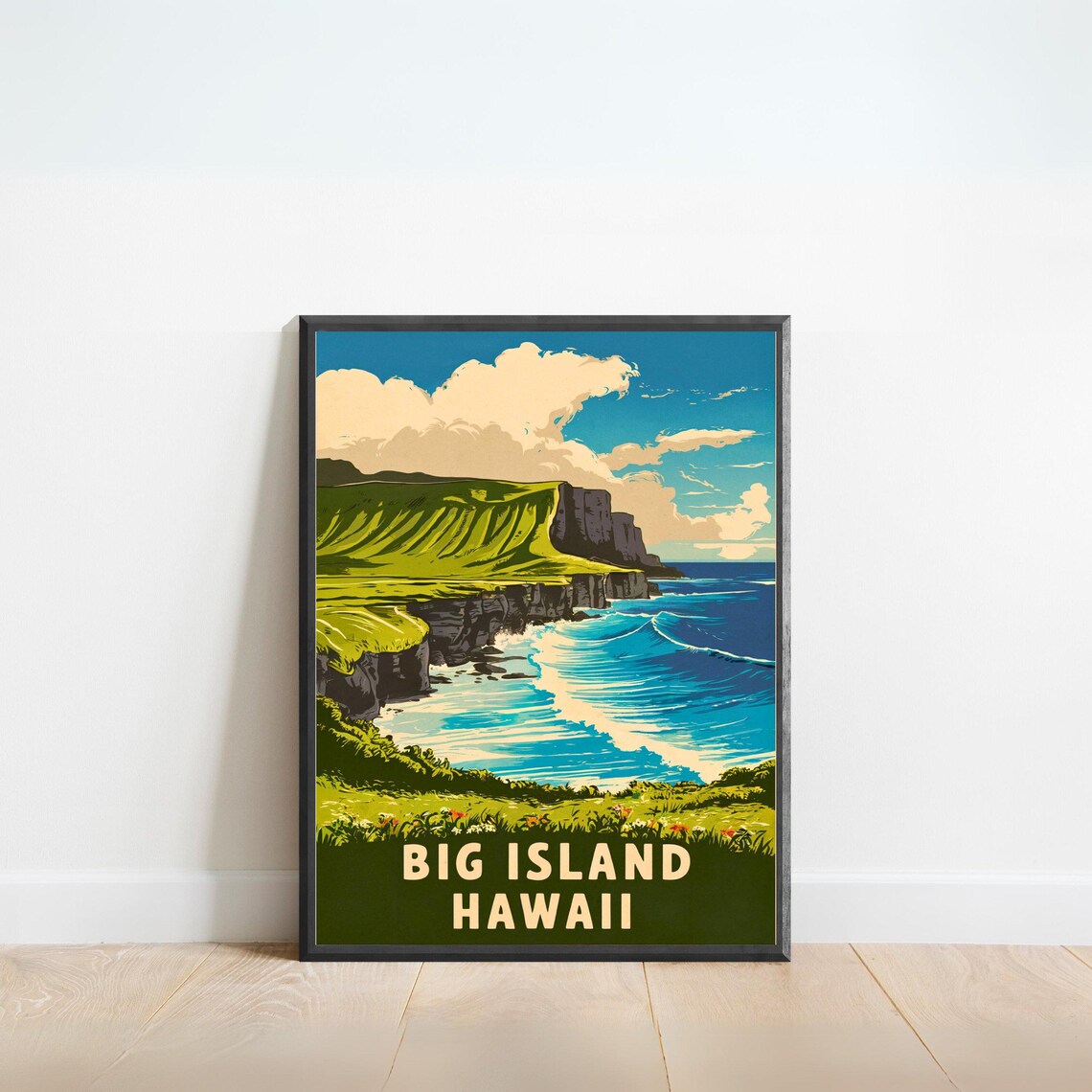 Big Island Hawaii Sea Cliff Ocean Surf Vintage Travel Poster