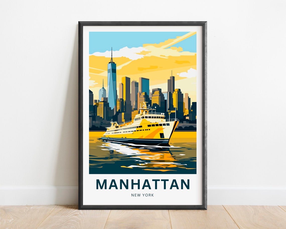 Manhattan New York Skyline Sunset Ferry Crossing Travel Poster