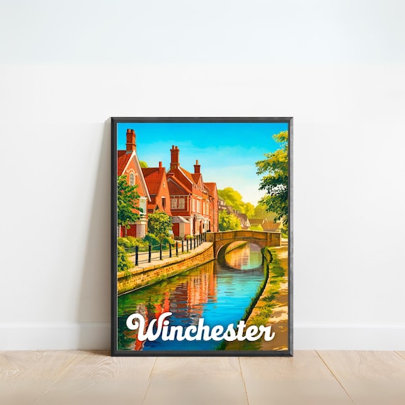 Winchester England Canal Brick Houses Retro Travel Poster River Art