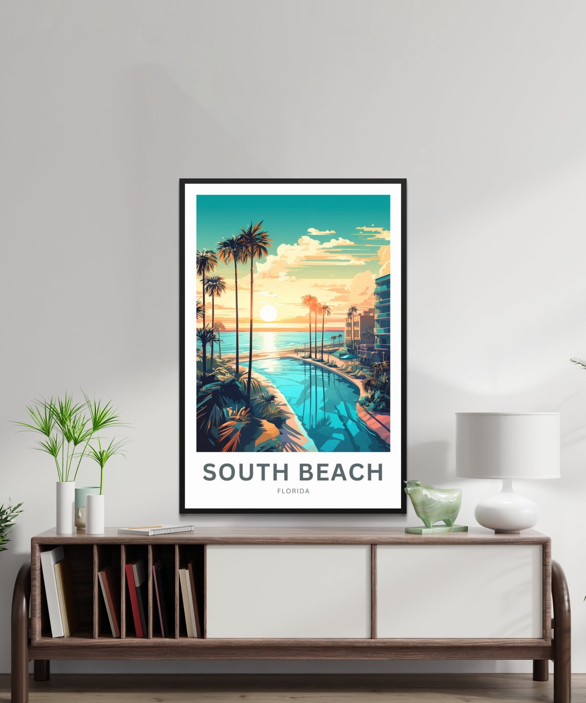 South Beach Florida Sunset Palm Trees Shoreline Resort Travel Poster - Image 2
