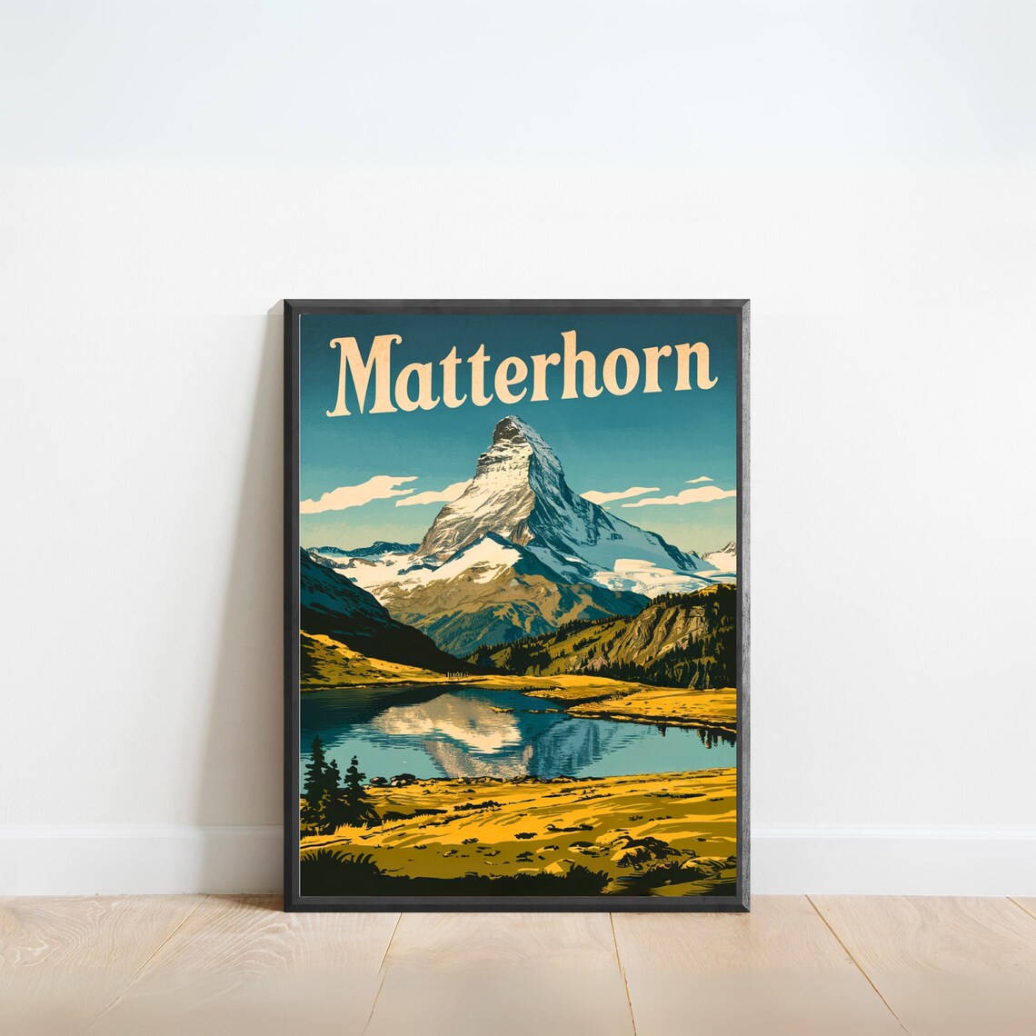 Matterhorn Alpine Lake Mirror Reflection Golden Valley Vintage Poster