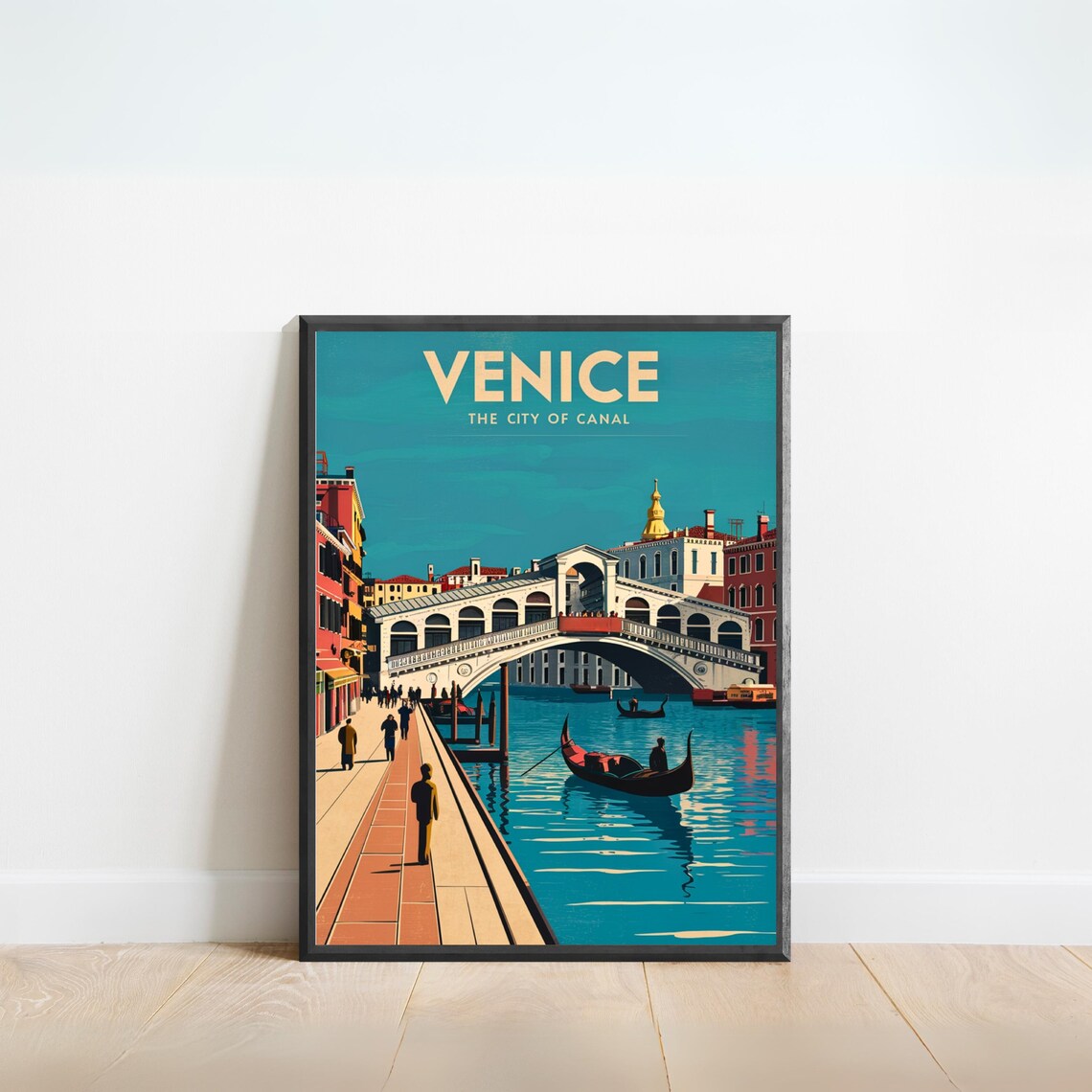 Venice Italy Canal Walkway Gondola Rialto Bridge Retro Travel Poster