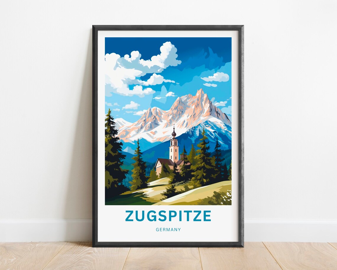 Zugspitze Germany Alpine Church Snow Capped Peak Travel Poster